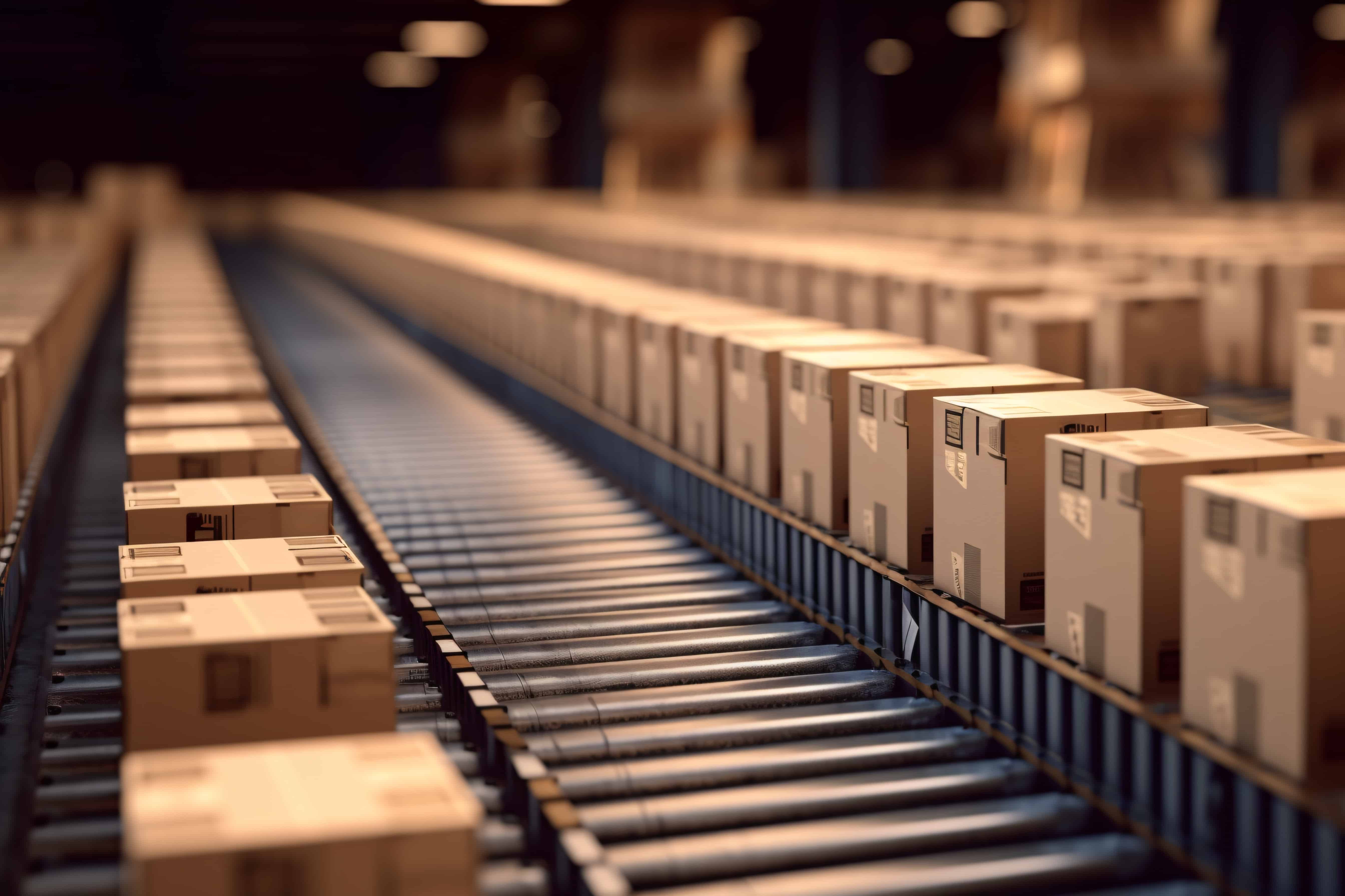 carton of boxes on conveyor belt warehouse ready for delivery. g