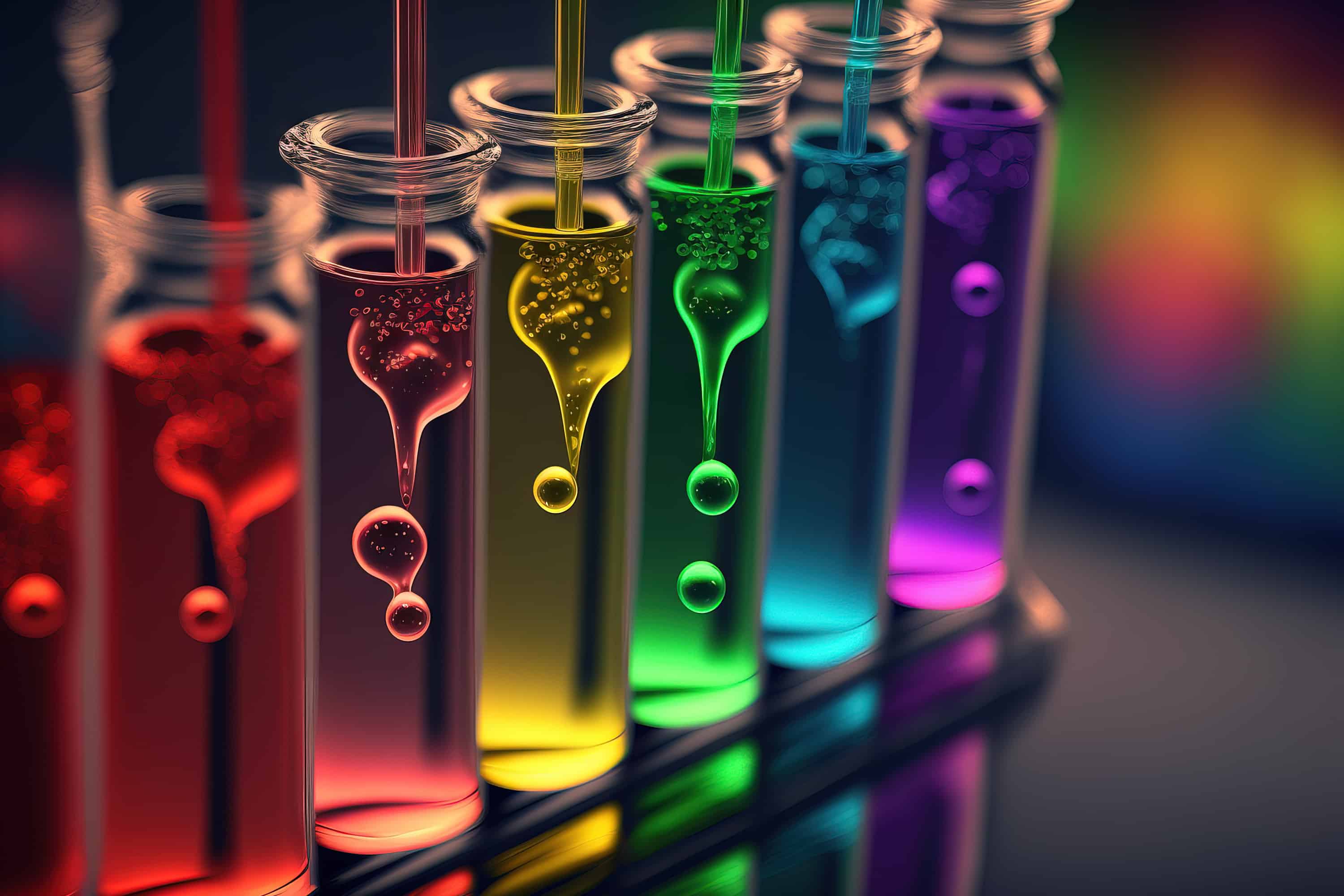 close up of liquid medicine in test tubes in the colors red, pink, green, orange, and blue in a modern laboratory setting on a chemical table. chemistry education and medical science research ideas. generative ai