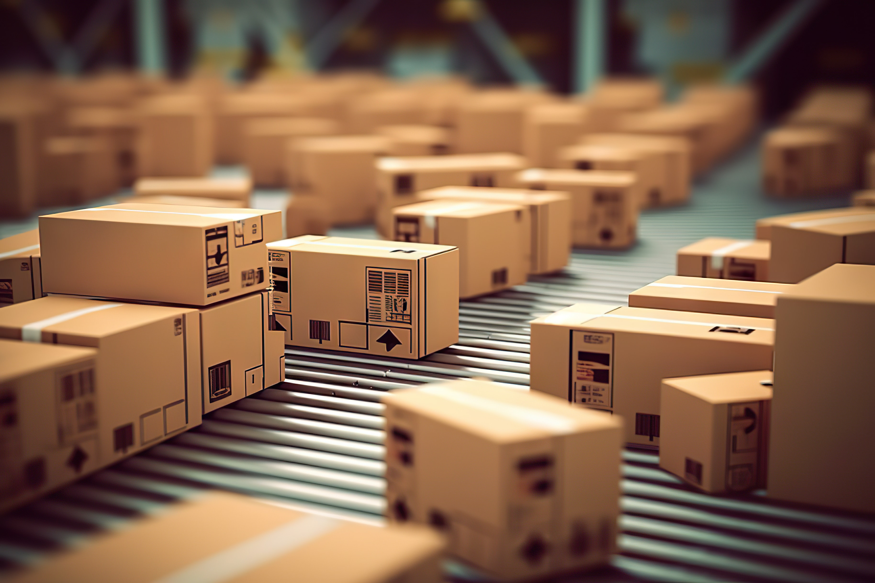 product storage and logistics: carton boxes on conveyor belt in a warehouse.