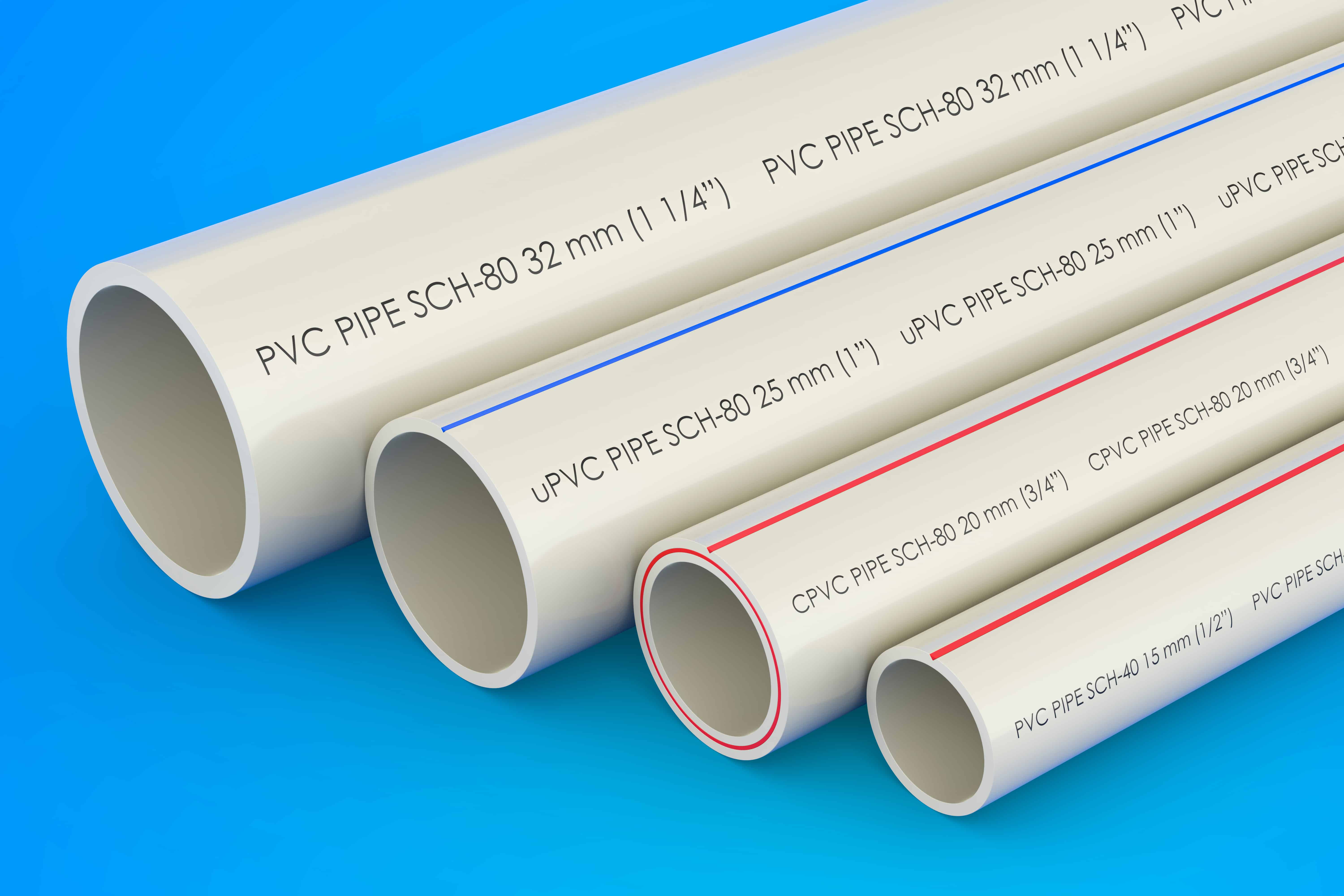 pvc pipes, composite pipe, upvc pipe, cpvc pipe on blue backgrou