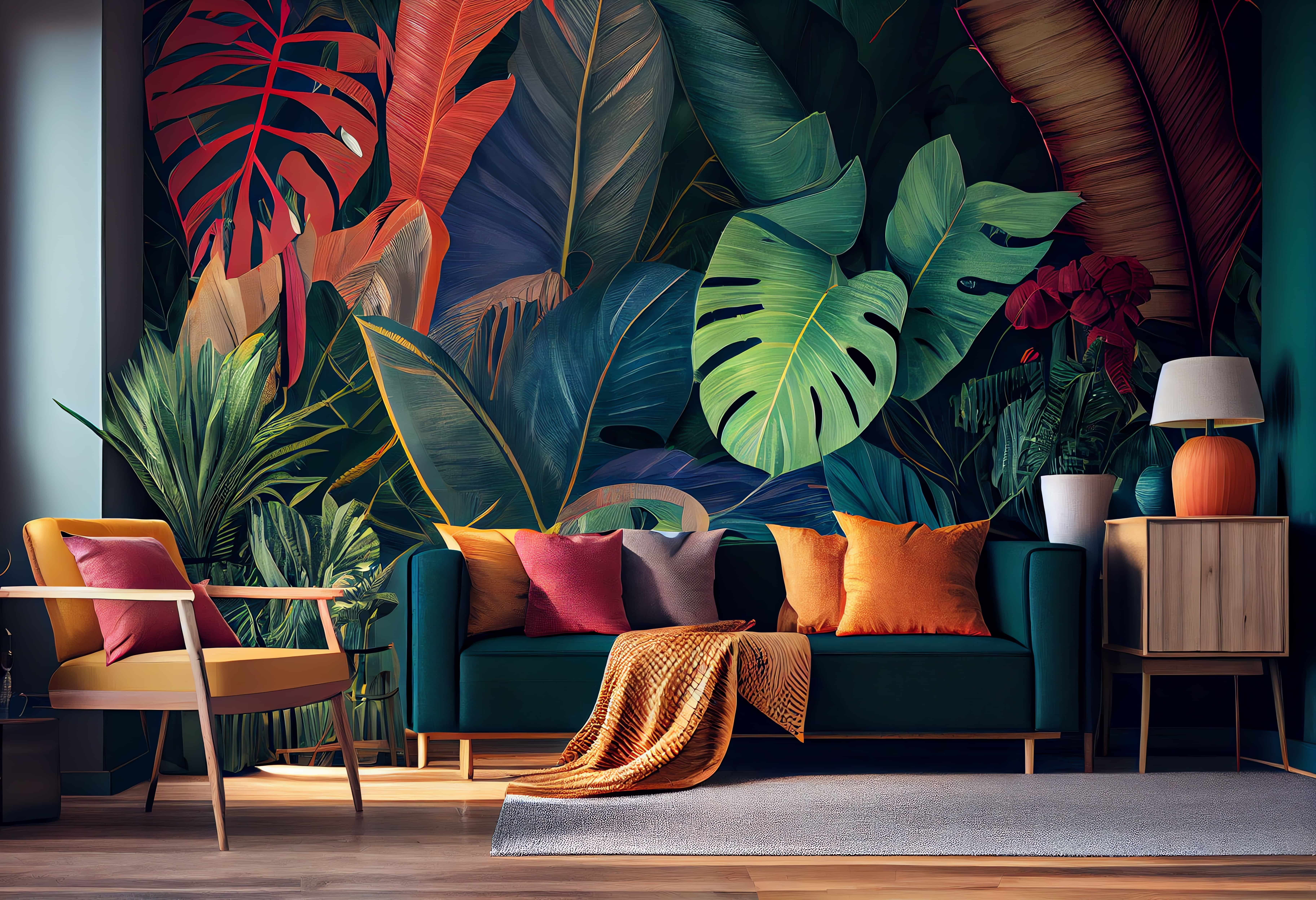 living room interior with tropical plant wallpaper and colorful